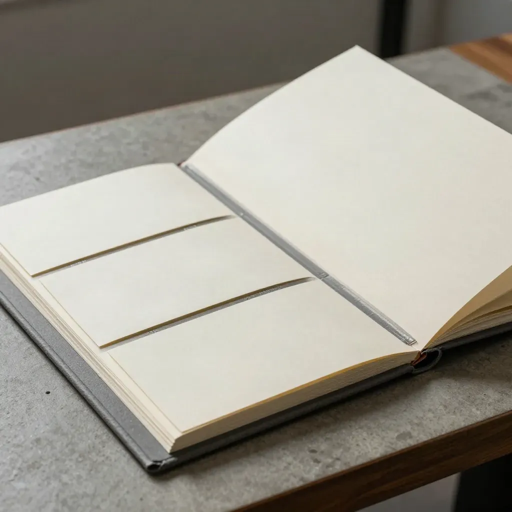 Open folio with three blank slide stacks and a lifted page on a slate-gray table