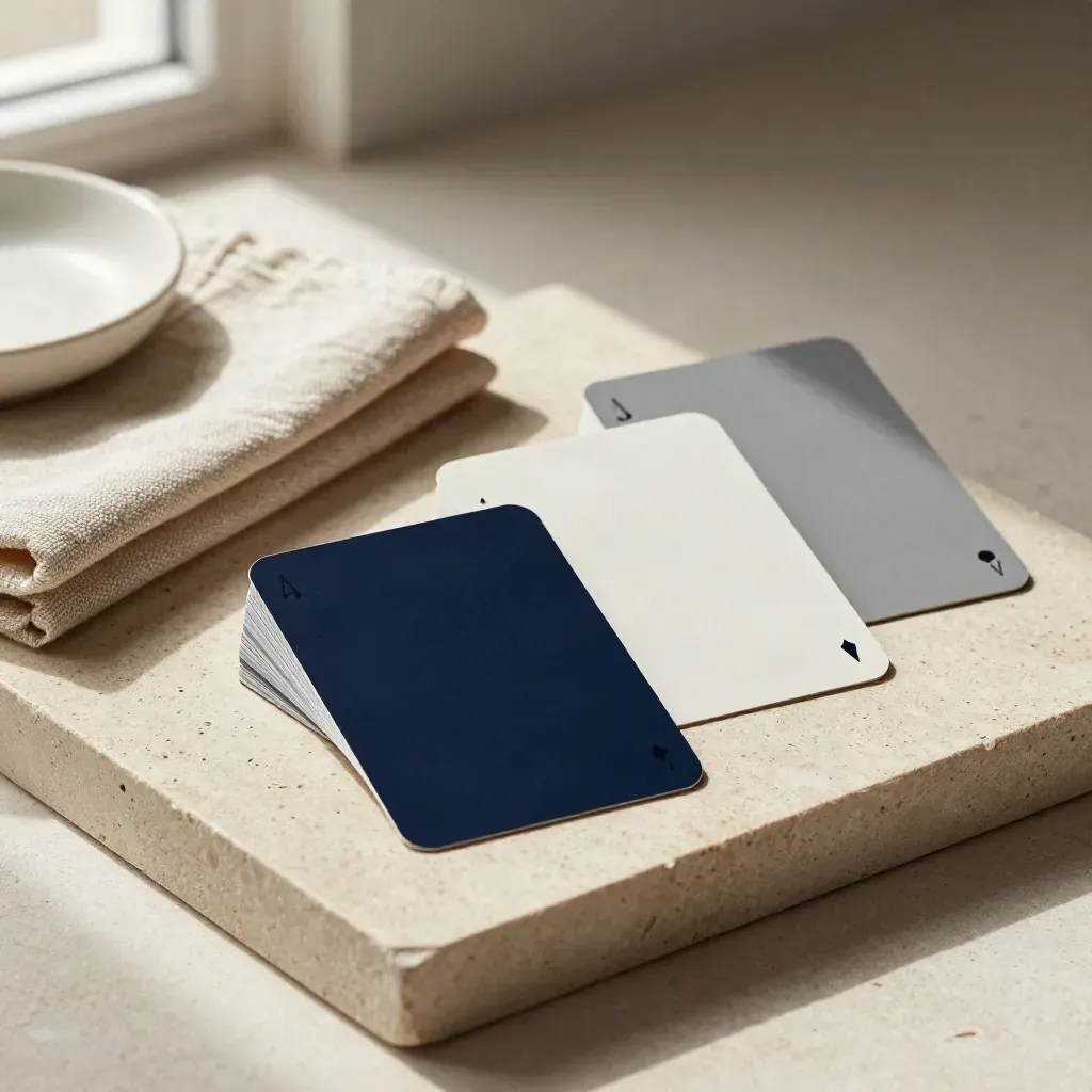 Slide cards on a stone tray with linen cloth and ceramic dish